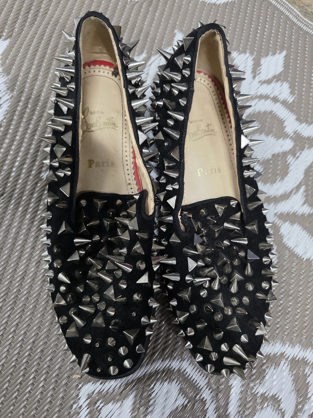 Christian Louboutin Black Studded Suede Flats with Silver Spikes